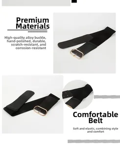 Detail view of black elastic wide belt showing the golden oval alloy buckle and high-stretch fabric