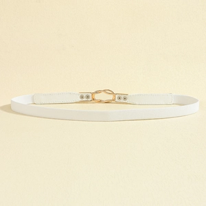 Close-up of thin white elastic waist belt with elegant interlocking gold double ring buckle