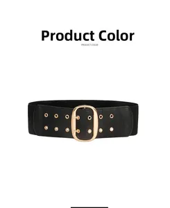 Detailed view of women's wide elastic waist belt with golden buckle and metal eyelets