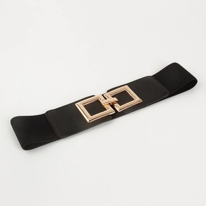 Elegant women's black elastic waist belt with a golden square buckle on white background