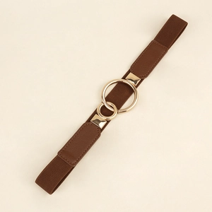 Detail of brown elastic waist belt featuring a gold double ring buckle and leather accents