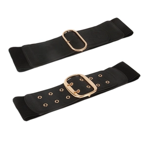 Women's black wide elastic belts with golden buckles for dresses and blazers