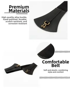 Detail of high-elastic black waist belt showing the polished gold alloy hook buckle