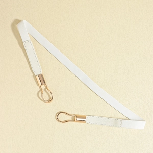 Minimalist white elastic waist belt with elegant gold teardrop buckle and leather ends