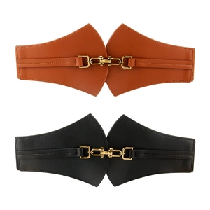 Women Wide Elastic Corset Belt PU Leather Waist Band With Golden Alloy Interlocking Buckle Scalloped Decorative Waistband For Dresses