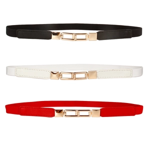 Women Fashion Elastic Thin Belt Minimalist Geometric Interlocking Alloy Buckle Stretch Waistband For Dresses Suits Shirts