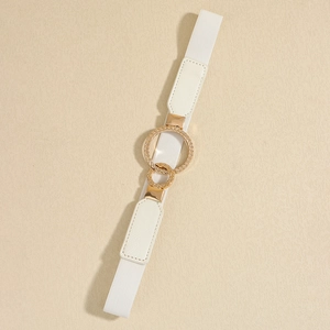 Close-up of white elastic waist belt featuring a gold metal double ring interlocking buckle