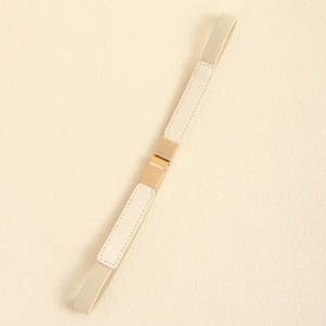 Detail of beige elastic waist belt featuring a gold interlocking buckle and leather trim