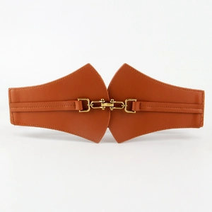Brown wide corset belt for women featuring a vintage gold interlocking metal buckle on white background