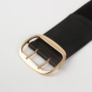 Detail of lychee pattern leather and shiny gold rectangular metal buckle on a black belt