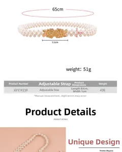 Detailed size chart for pearl elastic waist belt featuring golden rose metal buckles