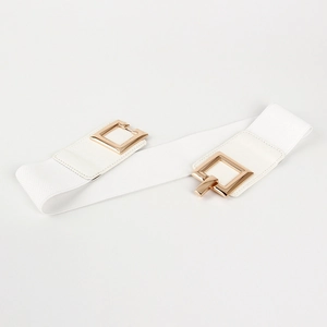 Detail view of white elastic waist belt with gold-finished double square metal buckle