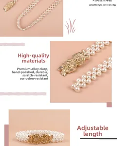 Detail of multi-row pearl elastic belt with gold rose buckle and adjustable alloy closure