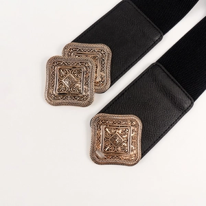 Vintage medieval elastic waist belt with bronze diamond buckles for women's dresses