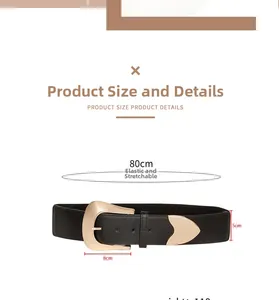 Detail of black elastic wide belt featuring a large gold metal buckle on white background
