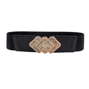 Vintage black elastic waist belt for women with retro gold diamond buckle design