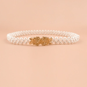 Elegant pearl elastic waist belt featuring golden rose flower clasp for dresses