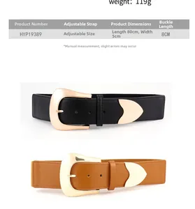 Detailed size chart for the women's elastic waist belt with product dimensions and weight