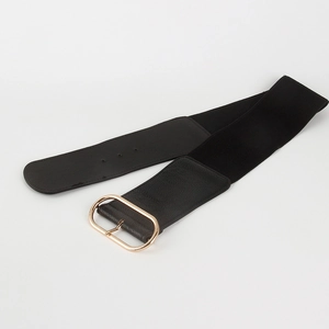 Detailed view of wide black elastic belt with large golden oval buckle for dresses