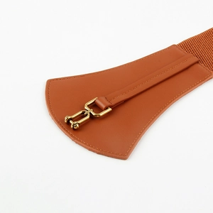 Close-up of tan corset belt with interlocking gold buckle and elastic textured band