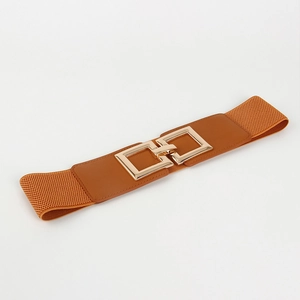 Chic women's brown elastic waist belt with interlocking gold square buckle for dresses
