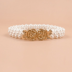Elegant Women's Artificial Pearl Waist Chain Elastic Belt Gold Alloy Rose Flower Buckle For Dresses Wedding Party Accessories