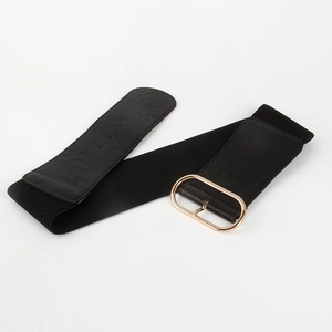 Women's wide elastic black waist belt with golden oval buckle for dresses and coats