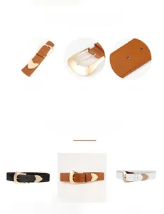 Detail view of gold semicircular metal buckle and multi-hole leather belt in three colors