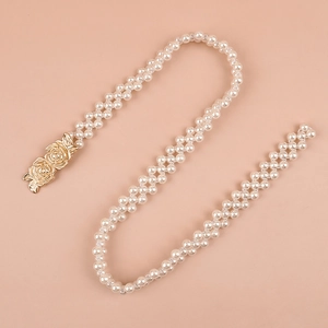 Elegant pearl beaded waist belt with golden rose metal buckle for dresses and coats