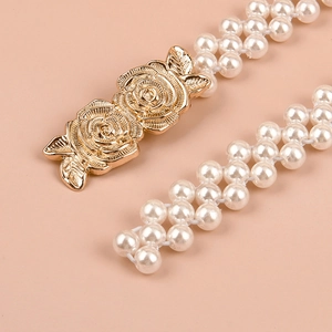 Elegant triple-row pearl elastic waist belt for women with golden rose floral buckle