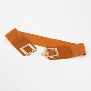 Detail of camel elastic wide belt featuring a gold square buckle and leather finish