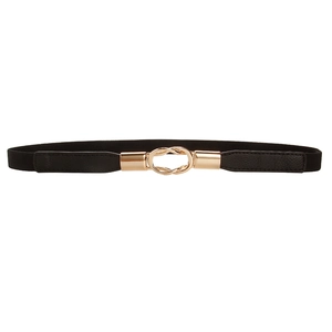 Slim elastic waist belt with minimalist gold double ring buckle for dresses and shirts