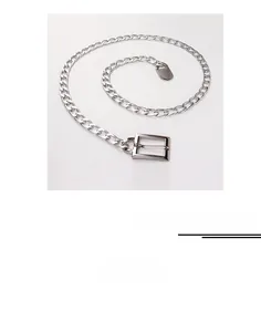 Detail view of silver punk waist chain featuring a thick tank link and metal tag
