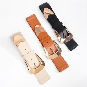 Three-piece women's elastic waist belts set with oversized gold buckles in black brown beige