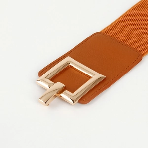 Macro shot of gold square buckle on orange-brown elastic wide belt for women