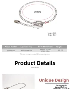 Silver metal waist chain specifications showing 103cm length and rectangular buckle details