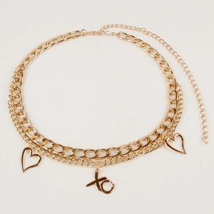 Three-layer gold metal waist chain with heart pendants and XO charms for jeans