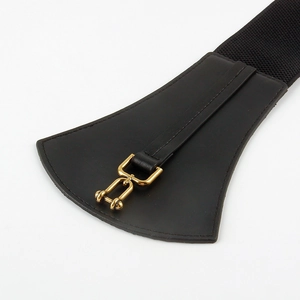 Elegant black elastic waist belt with fan-shaped leather and gold metal buckle detailing