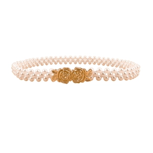 Elegant elastic pearl waist belt with gold rose metal buckle for women dresses