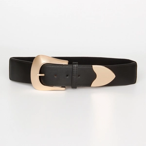 Elastic wide belt with vintage gold buckle and leather finish for women's blazer