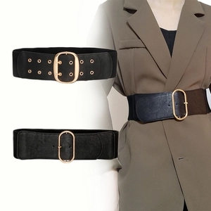 Women Wide Elastic Belt PU Leather Waist Band Gold Oval Pin Buckle Fashion Decorative Cinch Belt For Dress Suit Coat