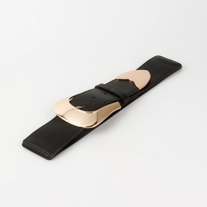 Close-up of a wide black elastic belt featuring a high-polished gold alloy buckle
