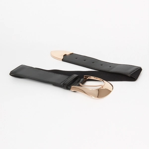 Close-up of black elastic belt featuring a large gold metallic buckle and leather texture