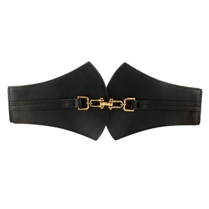 Women's wide black leather corset belt with elegant gold metal buckle on white background