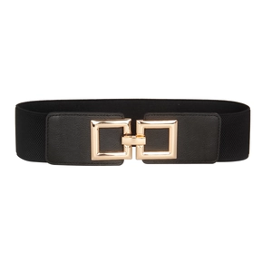 Women's black elastic wide belt featuring a stylish interlocking gold square buckle