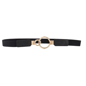 Elastic black waist belt for women with elegant golden double ring metal buckle for dresses