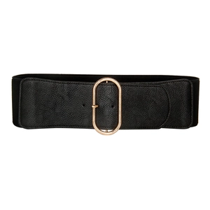 Fashionable black wide elastic waist belt with a vintage gold oval metal buckle for dresses