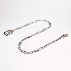 Detail view of a chunky silver metal waist chain with a polished buckle and smooth end plate