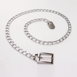 Silver thick metal chain belt for women in punk style with rectangle buckle and glossy finish