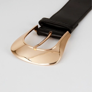 Close-up of a wide black elastic belt featuring a large polished gold-tone metal buckle